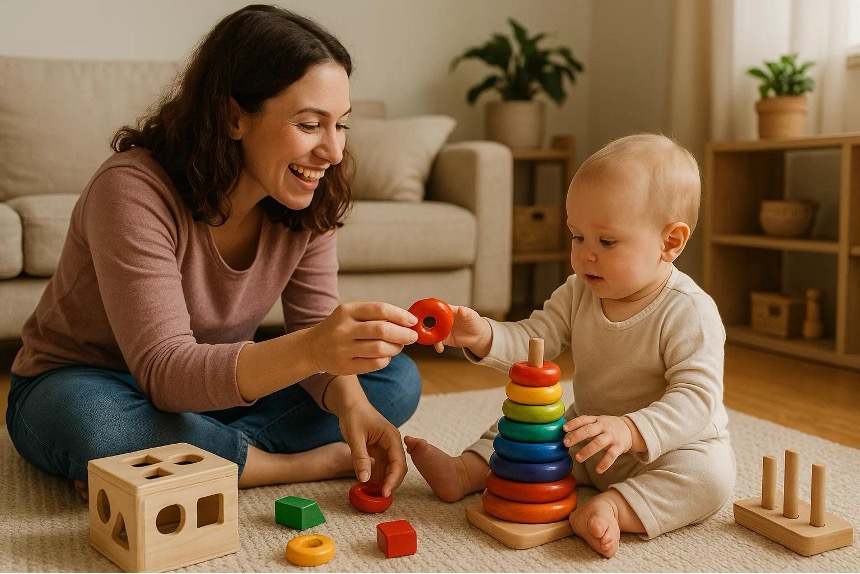 Montessori parent and toddler playing with Montessori Stacking Toys