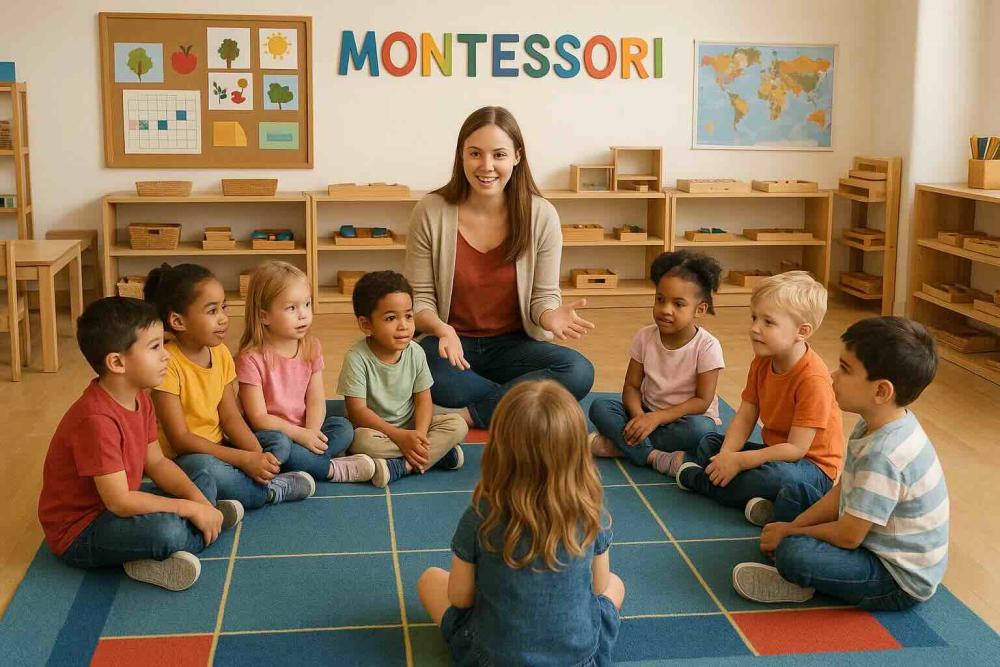 A classroom rug in a Montessori classroom with children sitting around at circle time