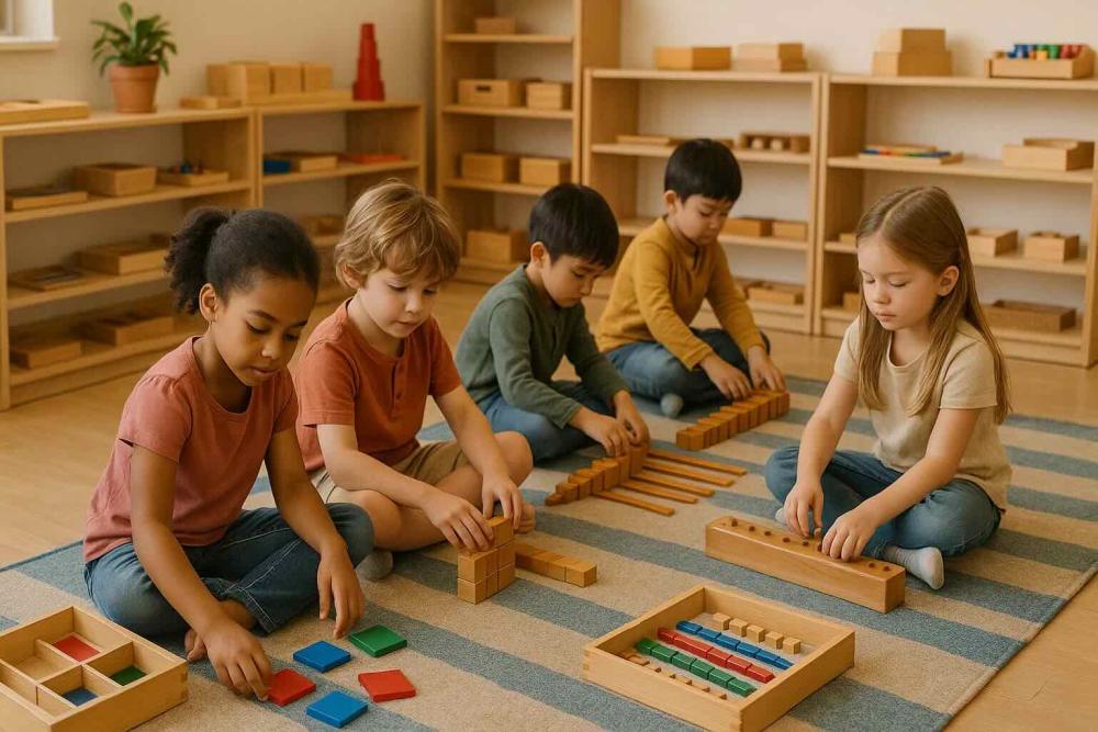 Kids playing with Montessori toys on a children's carpet