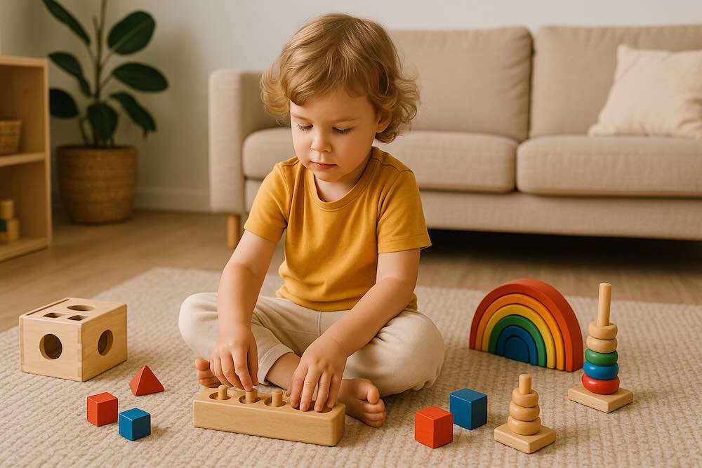 Preschooler doing Montessori independent play at home during summer