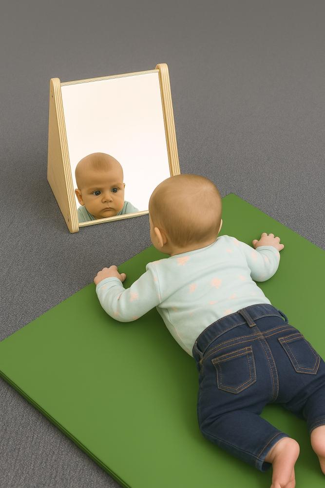 Portable tummy time mirror with high contrast patterns