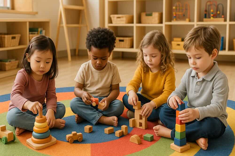 Kids sitting on a Circle time rug playing with wooden montessori toys