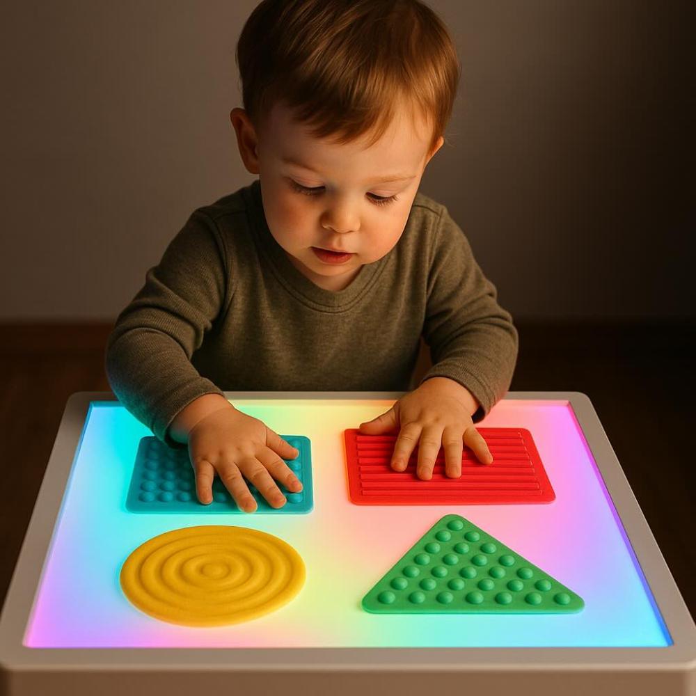 Child exploring textures on an LED activity table
