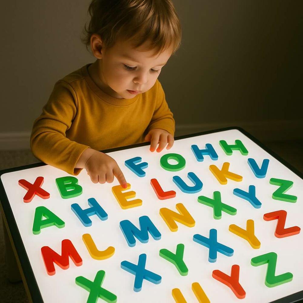 Child learning letters on an LED activity table