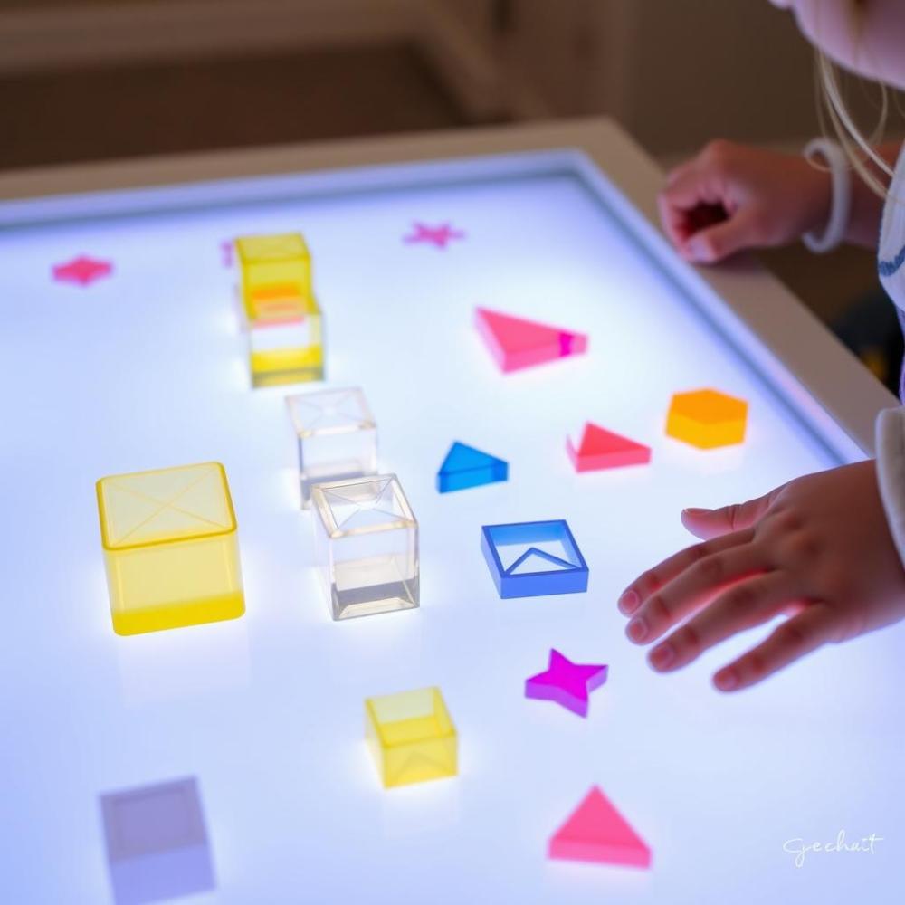 Child arranging small pieces on an LED activity table
