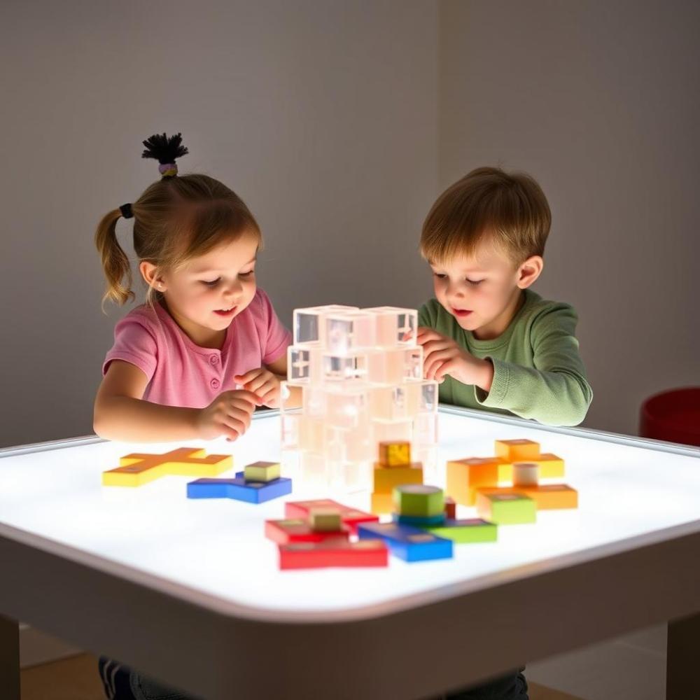 Two children collaborating at an LED activity table