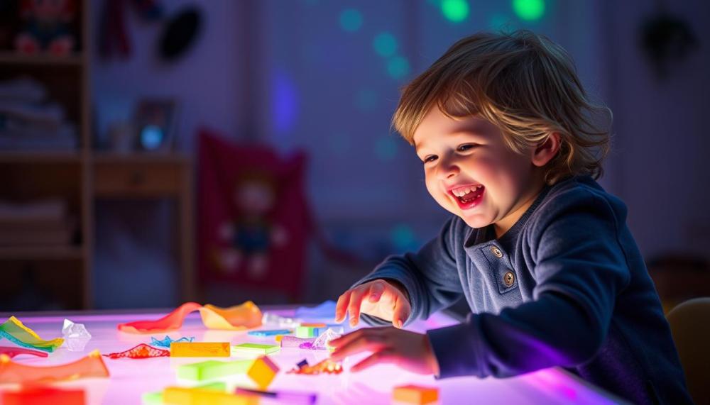 Happy child engaged in creative play at an LED activity table