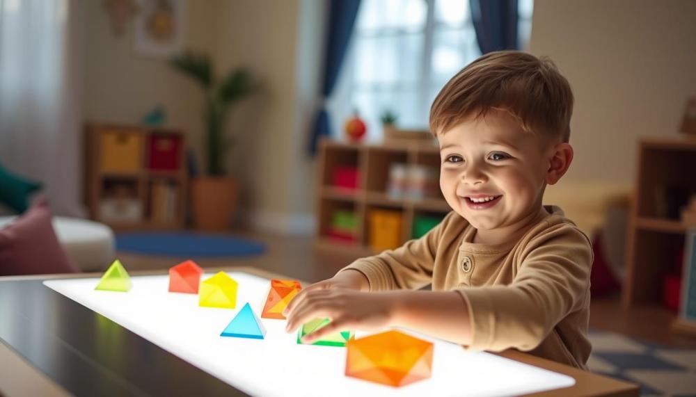 Child using an LED activity table with colorful translucent shapes