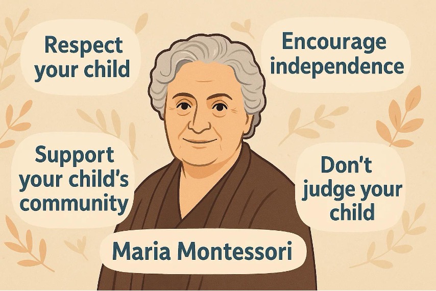 A drawing of Maria Montessori and her most important Montessori principles.
