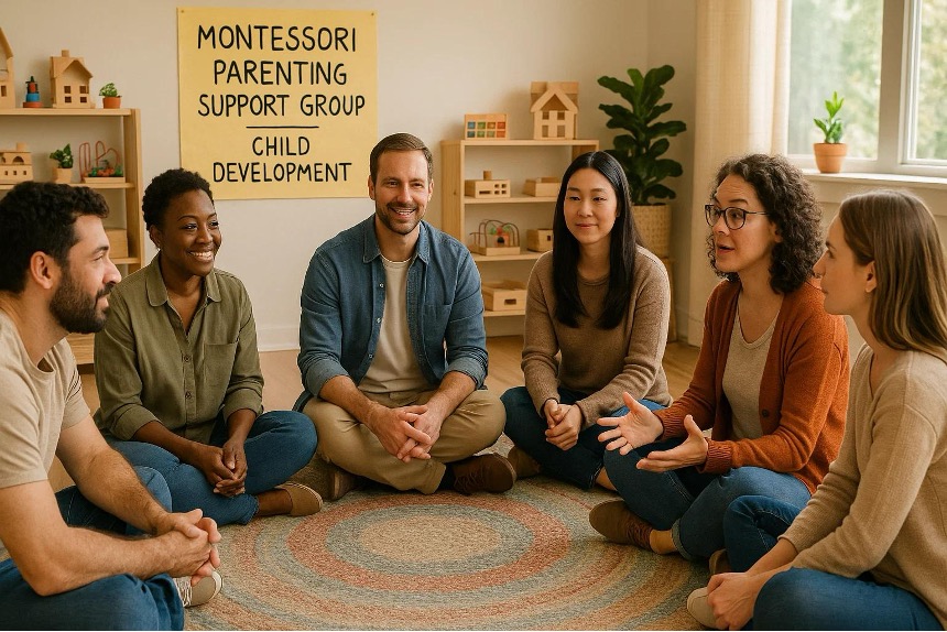 Parents sitting together in a support group discussing Montessori method.