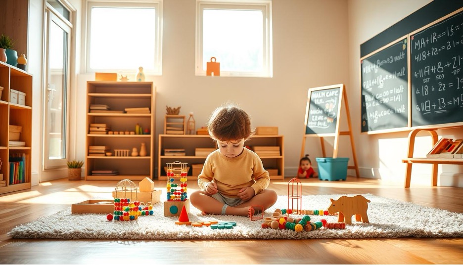 Child using Montessori materials to do Montessori math