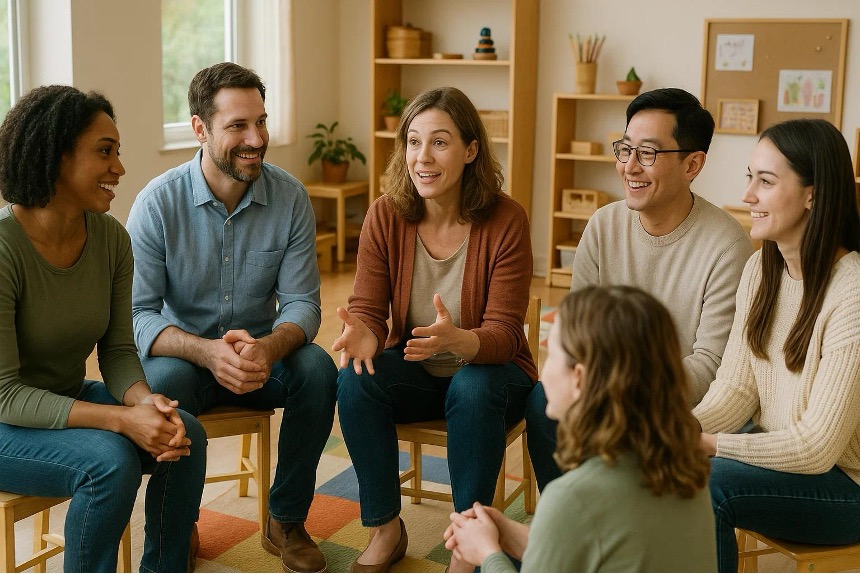 Montessori parents sitting and discussing problems