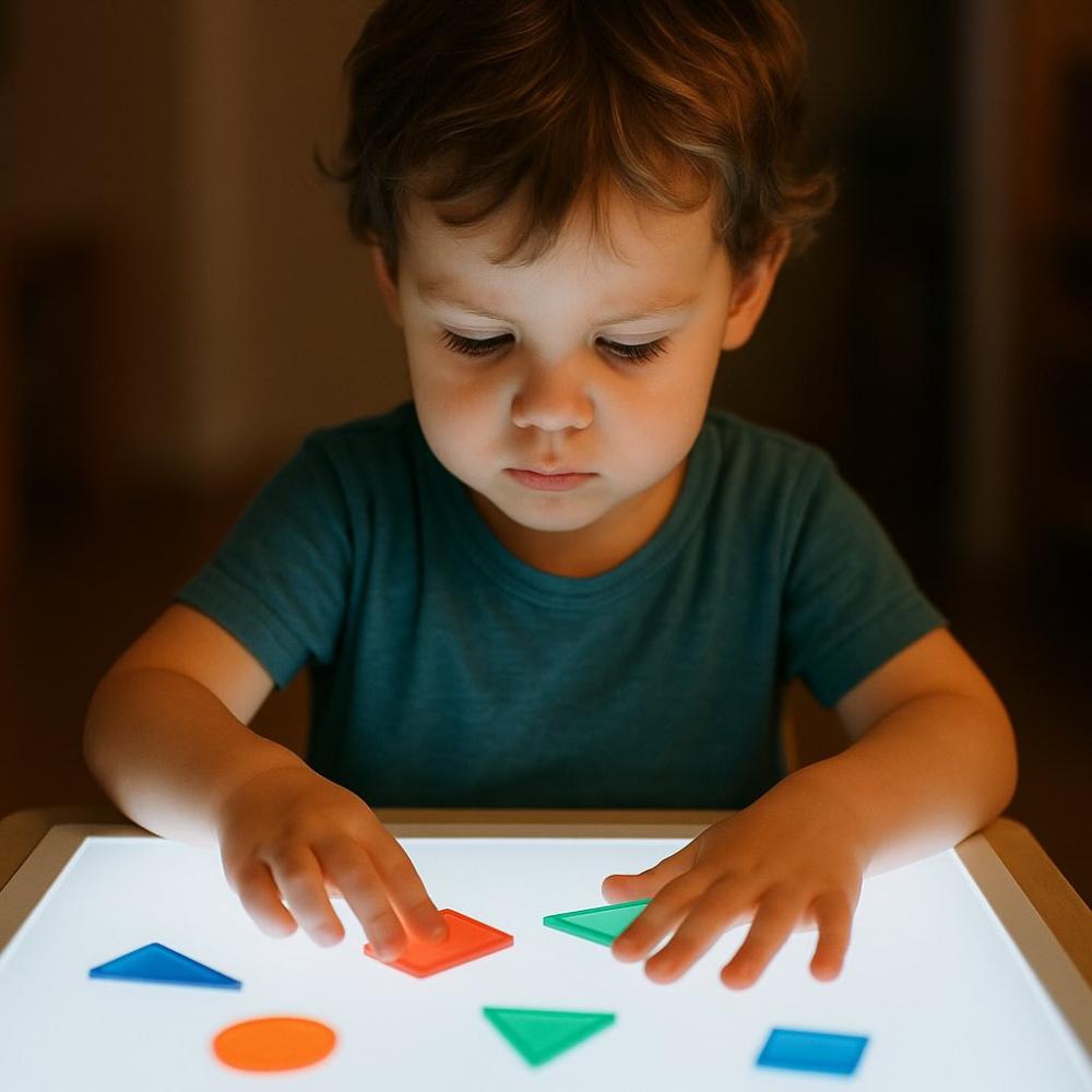 Child deeply focused on LED activity table task