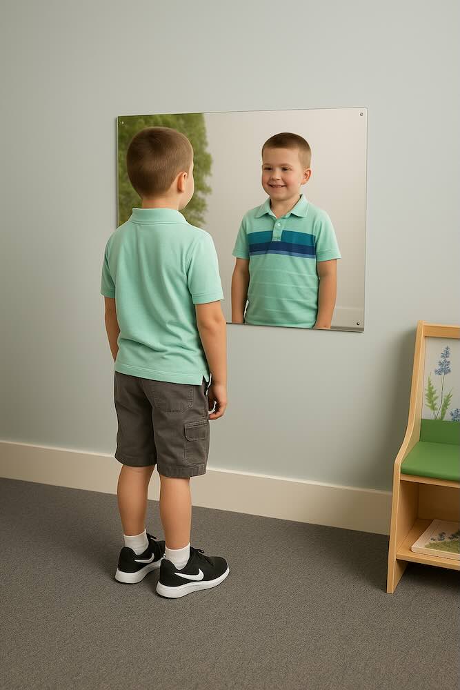 Wall-mounted Montessori mirror with pull-up bar