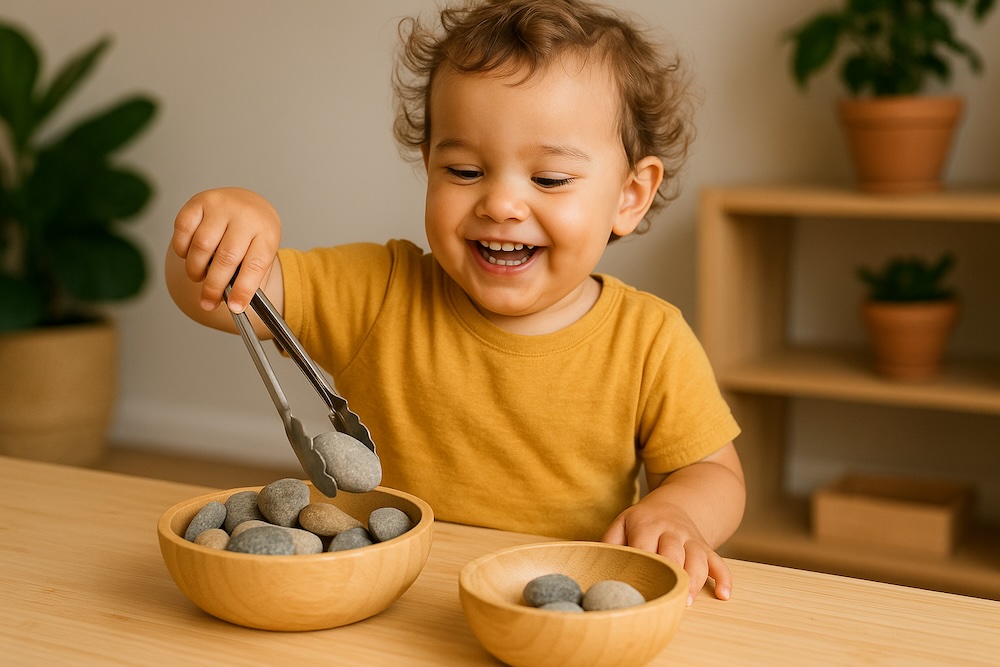 Montessori toddler activity with tongs moving rocks from one bowl to another for practical life skill development