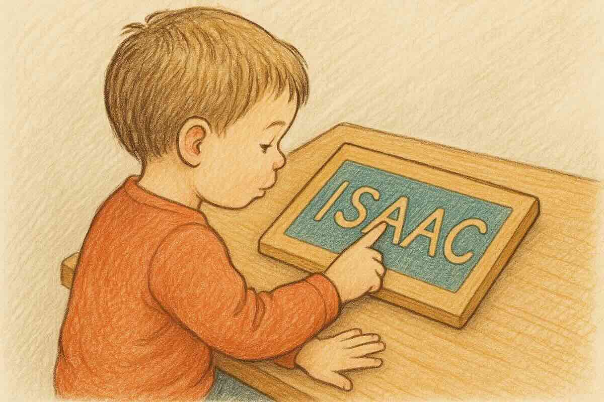 Drawing of a boy tracing the letters of his own name