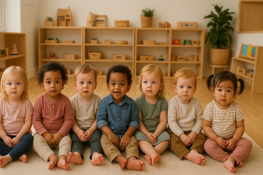 Montessori activities by age. Toddlers sitting on the ground 