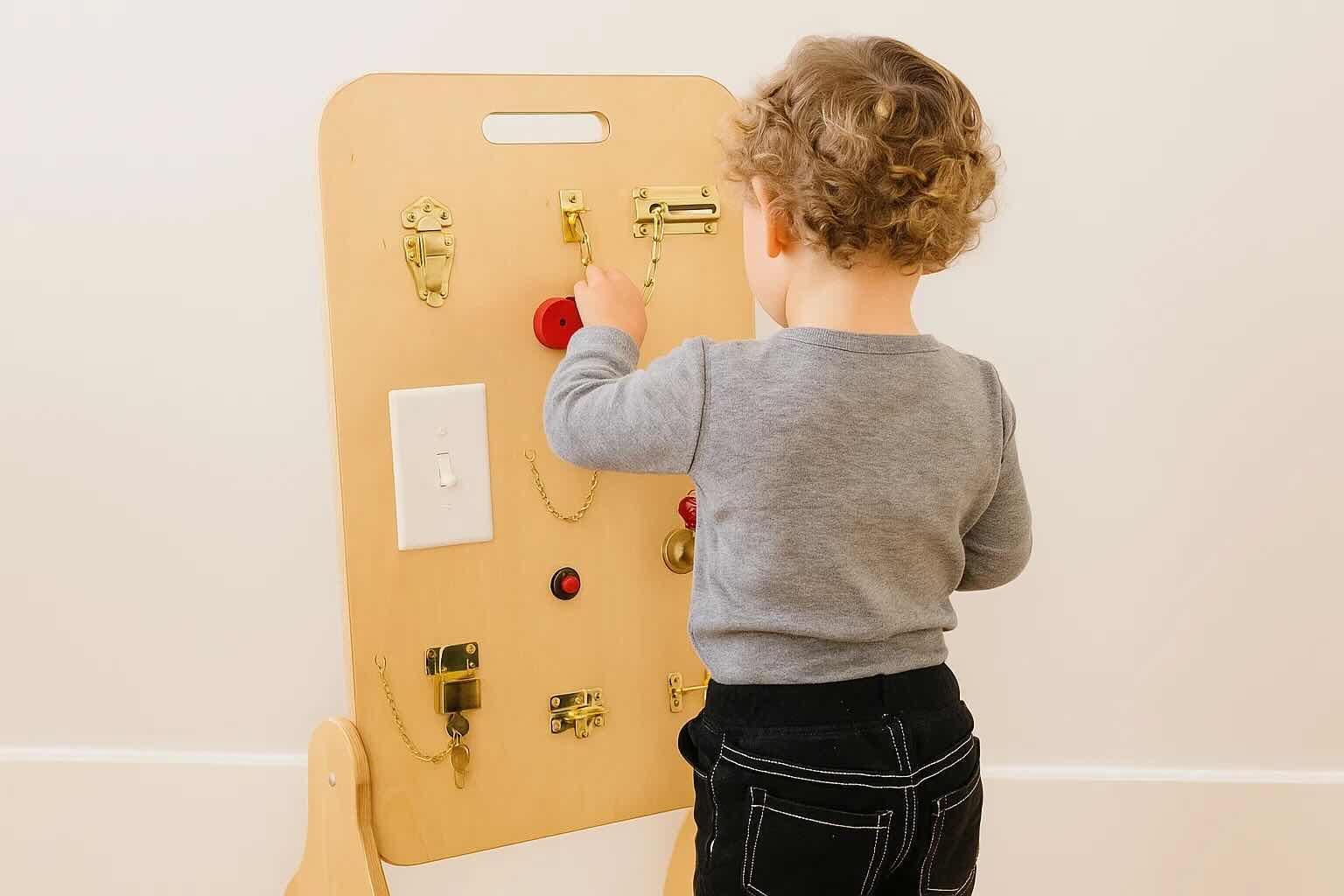 Toddler playing with Montessori Busy Board
