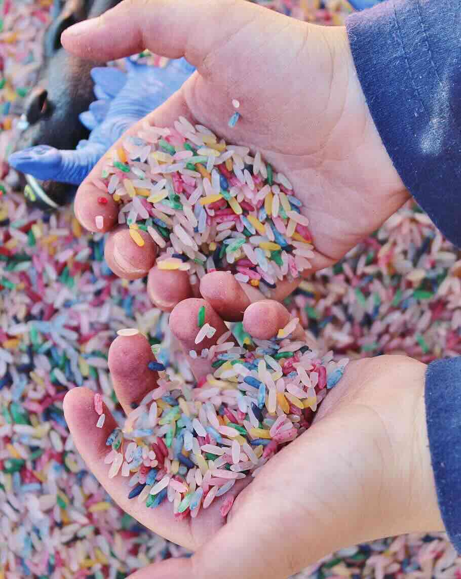 Child playing with rice to develop fine motor skills