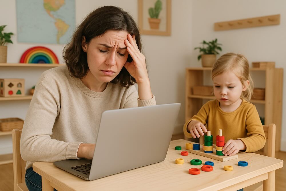 Frustrated Montessori parent sitting at a laptop while her daughter is playing with a Montessori stacking toy