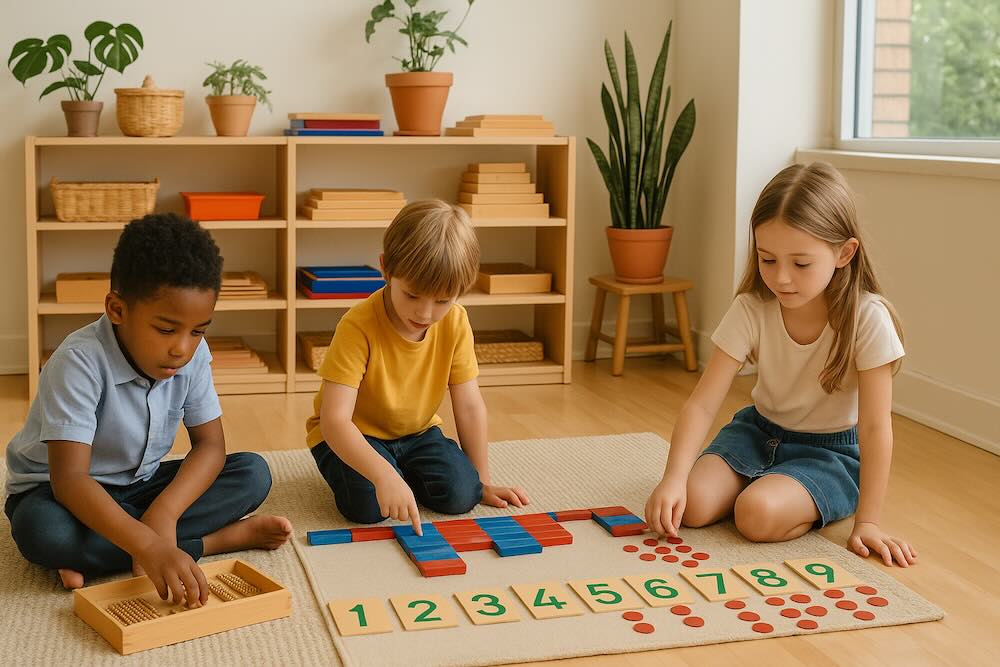 Kids doing Montessori math