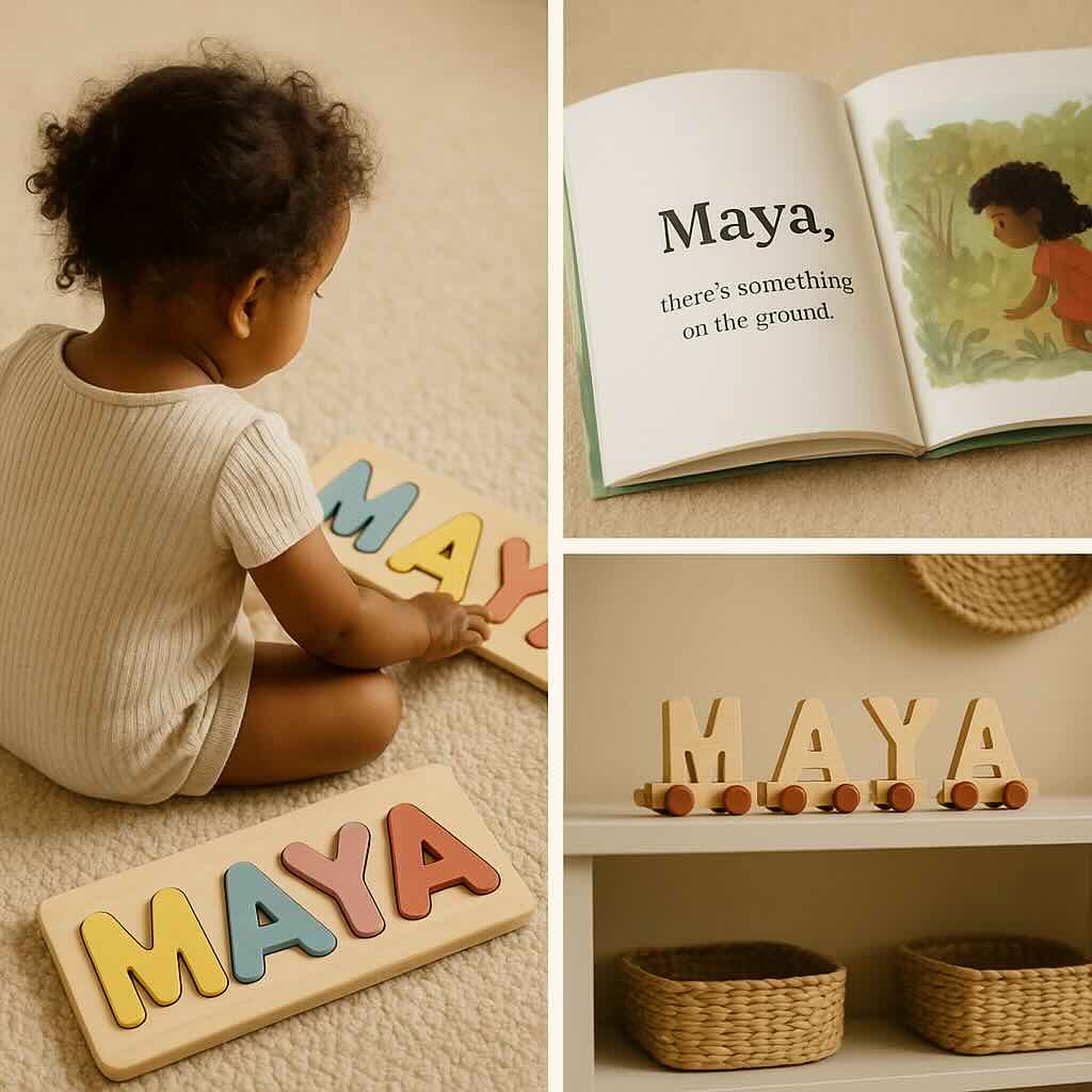 A toddler named Maya playing with a name puzzle spelling her name with a personalized storybook on the ground and a name train on the shelf both personalized with the name Maya