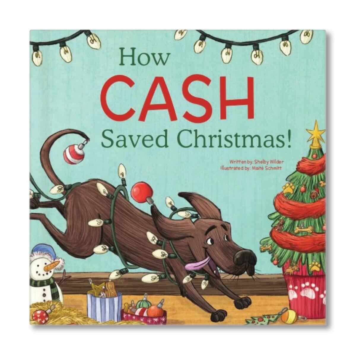 Dog Personalized IseeMe Book Christmas with light greenish blue background and a dog jumping around the christmas tree and the title personalized with the name of the pet to say How Chase Saved Christmas
