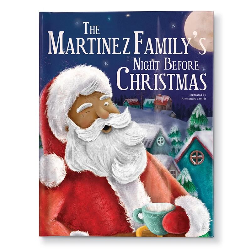 Personalized IseeMe Book Christmas with a blue background and the picture of Santa and title that is personalized with the family name and saying The Martinez' Famil Night Before Christmas