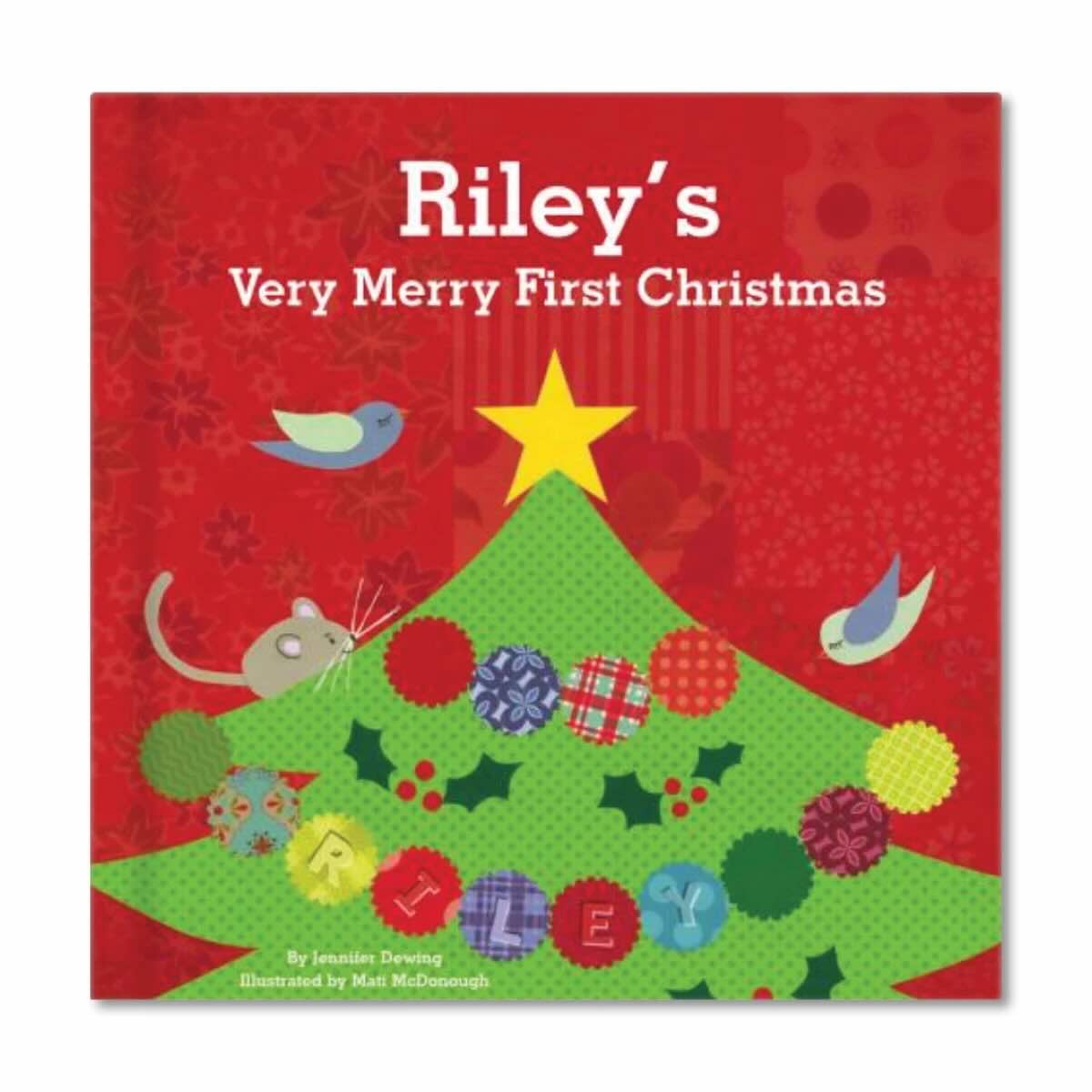IseeMe Book Christmas Tree Personalized Book For Kids shows a red personalized book with a whimsical christmas tree covering the page and personalized with the name of the baby to say "Riley's Very Merry First Christmas"