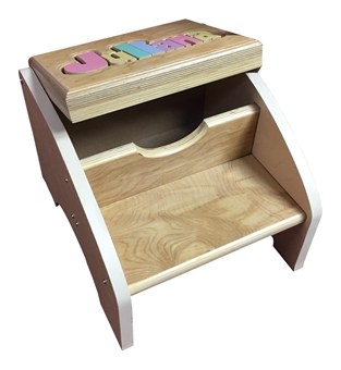 Personalized two step stool for kids with storage open under the seat where kids can hide their personal items.