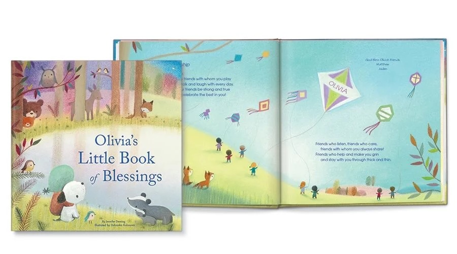 Colorful illustrated blessing book featuring a child’s name