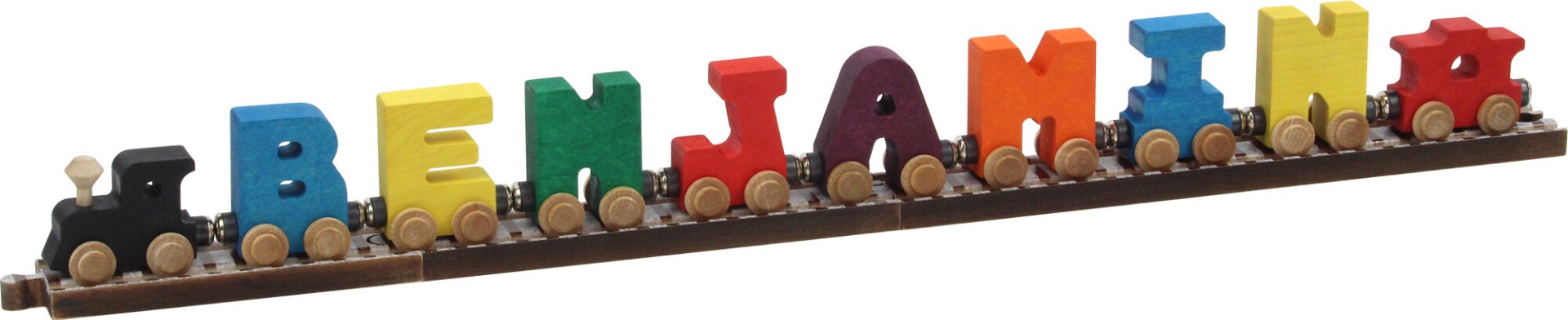 A wooden alphabet name train set with engine and caboose on a track spelling the name Benjamin in colorful ABC train letters