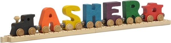 An alphabet name train spelling the name Asher in primary colors