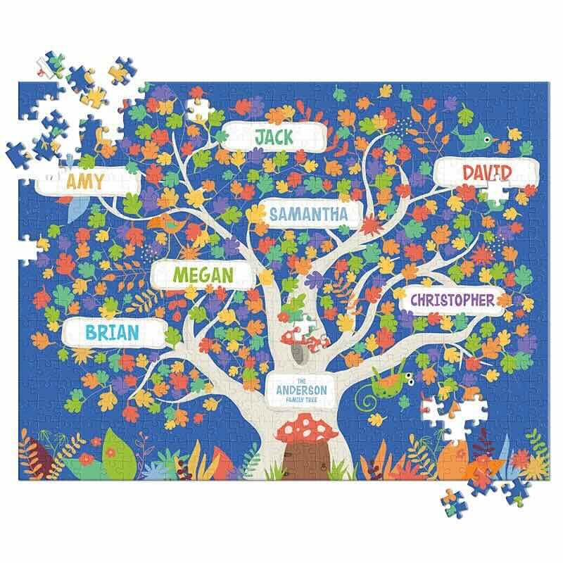 A 500 piece Personalize Kids Puzzle of Anderson's family tree on a blue background. The tree is whimsical and has branches at the end of some of which a name within the family is displayed inside boxes in different color. Some of the names are David, Jack, Samantha, etc. These are the names that can be personalized in the sensory puzzle (and of course the family name) 