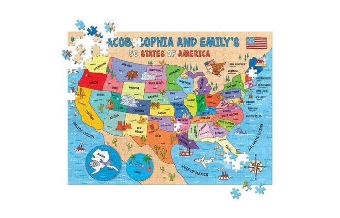 Geography and Cultural Materials are great Montessori tools. This US States puzzle is even personalized adding an extra level of interaction for children