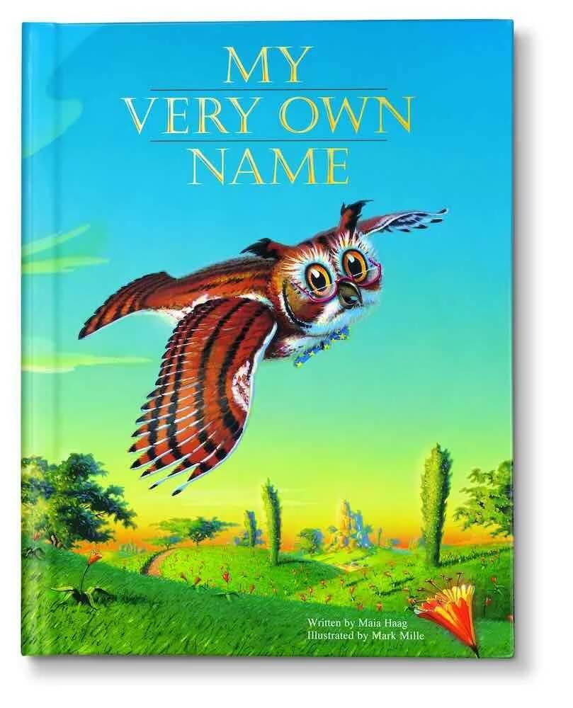 May Very own name Personalized Book for kids. Displays a personalized storybook with a picture of an owl flying over a green meadow